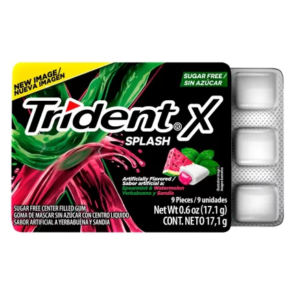 Chicle TRIDENT Splash Sin Azúcar sabor Hierbabuena Sandia Envase 9 un